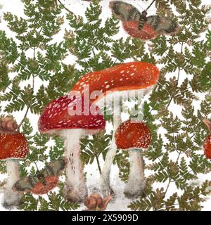 Agarica della mosca rossa, rami di felci forestali, farfalle e lumache. Motivo senza cuciture su sfondo bianco per la stampa su tessuto e carta. Arte digitale. Foto Stock