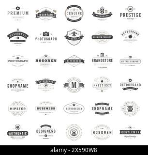 Set di modelli di design di loghi vintage. Collezione elementi logotipi vettoriali, simboli icone, etichette retrò, distintivi e silhouette. Big Collection 30 articoli Illustrazione Vettoriale