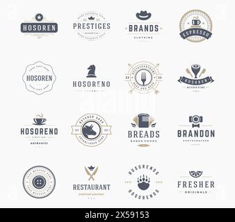Set di modelli di design di loghi vintage, elementi di design vettoriali. Elementi del logo, simboli del logo, icone del logo, vettore del logo, disegno dei simboli, logo retro. Mucca lui Illustrazione Vettoriale