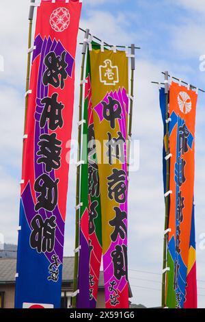 Giappone, Shikoku, Kotohira, teatro Kabuki, bandiere, striscioni, Foto Stock