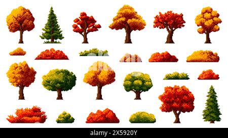 alberi di pixel della foresta autunnale a 8 bit, risorsa di gioco arcade retrò. Set vettoriale isolato di piante di paesaggio dell'interfaccia utente o dell'interfaccia grafica con fogliame arancione, giallo o rosso brillante. Conifere o abeti rossi e cespugli Illustrazione Vettoriale