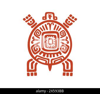 Tartaruga totem azteca e maya, simbolo tribale di Maya e Inca, tatuaggio etnico vettoriale. Antica cultura messicana e totem maya nativo di tartaruga con ornamento, divinità religiosa azteca con incisione petroglifica Illustrazione Vettoriale