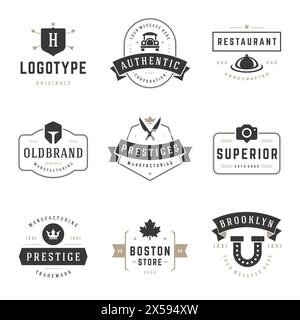 Set di logotipi o insegne vintage retrò. Elementi di progettazione vettoriale, cartelli commerciali, logo, identità, etichette, badge, nastri, adesivi e altri brandin Illustrazione Vettoriale