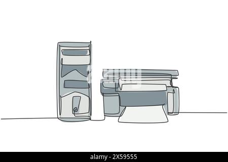 Un unico disegno della cpu e della stampante per supportare le attività aziendali. Elettricità concetto di strumenti per piccole apparecchiature per ufficio domestico. Con dinamica Illustrazione Vettoriale