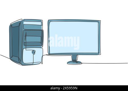 Disegno a linea singola continua dell'unità computer cpu e dello schermo per l'azienda. Concetto di apparecchiature elettroniche per piccole abitazioni aziendali. Moderna linea singola Illustrazione Vettoriale