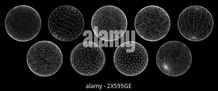 Globo sferico 3D in griglia a reticolo o rete metallica, forme tecnologiche brutali e retrò, forme vettoriali. Globi wireframe astratti o sfera 3D nella mesh di punti con nodi di connessione Illustrazione Vettoriale