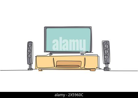 Un disegno in linea continua del sistema Home Theater con altoparlante del sistema audio stereo. Concetto di gadget per il soggiorno elettrico. Design a linea singola alla moda V Illustrazione Vettoriale