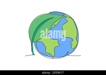 Foglia verde sul globo terrestre. Disegno continuo a una linea con disegno della foglia naturale disegno minimalista vettoriale su sfondo bianco. Grafico moderno con linee semplici Illustrazione Vettoriale