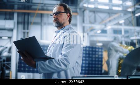 Ingegnere maschile pensa con fiducia e concentrazione, lavorando su notebook presso lo stabilimento di produzione di satelliti aerospaziali. Top World Scientists doing Science and Technology Research in Space Program Foto Stock