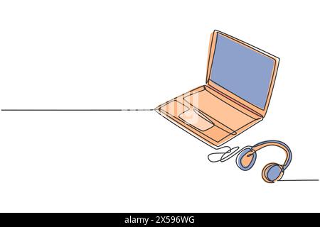 Un disegno a riga singola di un notebook sottile con le cuffie accanto. Concetto di strumenti per computer portatili per l'intrattenimento domestico elettrico. Linea continua dinamica Illustrazione Vettoriale