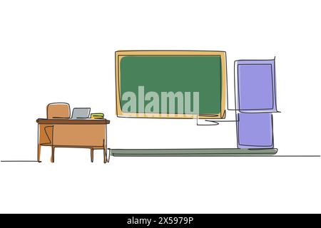 Singola linea continua per disegnare gli interni dell'aula scolastica con lavagna davanti alla classe. Stile minimalista di ritorno alla scuola. Concetto educativo. Moderno Illustrazione Vettoriale