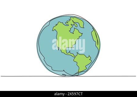 Globo terrestre rotondo. Disegno continuo su una linea di disegno minimalista vettoriale della mappa mondiale su sfondo bianco. Linea semplice disegna grafica moderna Illustrazione Vettoriale