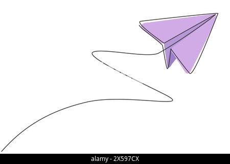 Disegno su una sola linea continua di un aeroplano di carta volante in cielo. Stile minimalista di ritorno alla scuola. Concetto di giocattolo per bambini. Moderno grafico a una linea Illustrazione Vettoriale