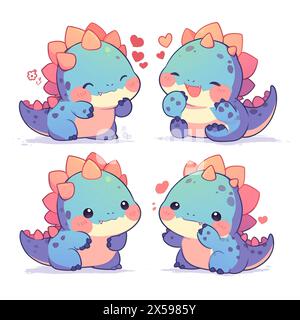 piccolo dinosauro rosso blu e viola set di personaggi emoziona adesivi simpatici kawaii adorabili bambini bambini colori pastello logo emoji Foto Stock