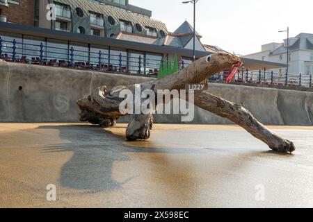 Un ceppo d'albero lavato sul lungomare di Porthcawl è stato decorato come una lucertola. Foto Stock