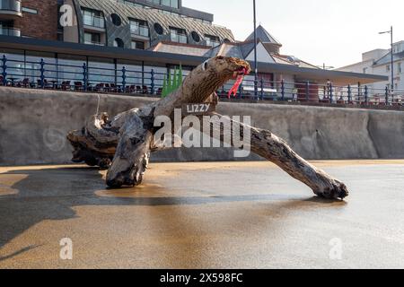 Un ceppo d'albero lavato sul lungomare di Porthcawl è stato decorato come una lucertola. Foto Stock