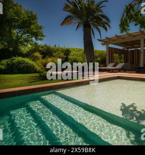 Stile di vita in piscina all'hotel la Casona, vigneti Matetic, Cile. Foto Stock