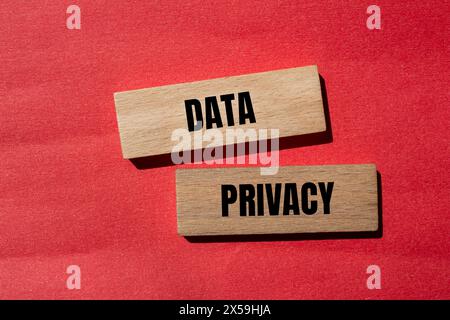 Parole sulla privacy dei dati scritte su blocchi di legno con sfondo rosso. Simbolo concettuale della privacy dei dati. Copia spazio. Foto Stock