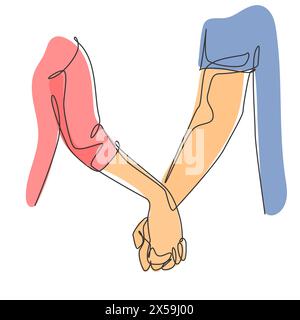Un disegno di linea di due mani adulte che si tengono insieme per esprimere l'amore e la cura. Romantico concetto di giovane coppia amante. Disegno di linea continuo de Illustrazione Vettoriale