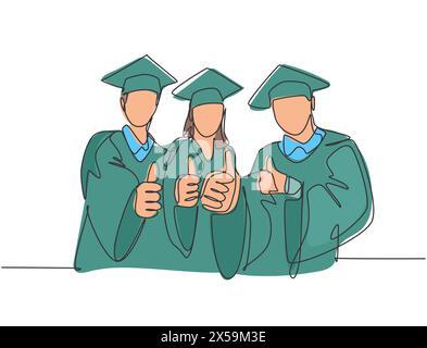 Un disegno di linea dei giovani studenti universitari felici che indossano un abito di laurea e danno un gesto ai pollici. Concetto di laurea in istruzione. Continuo Illustrazione Vettoriale