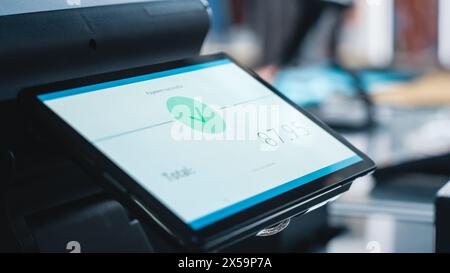 Close Up Shot of an Accepted Electronic Fingerprint Recognition Feature on a Digital Screen. Purchase in a Store. Customer Buying Items in Shop with Digital ID. Foto Stock