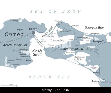 Stretto di Kerch nell'Europa orientale, mappa politica grigia. Stretto canale che collega il Mar Nero e il Mar d'Azov. Foto Stock