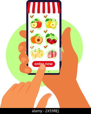 Ordine di cibo online. Consegna di generi alimentari. Tenere a mano lo smartphone con il catalogo dei prodotti sulla pagina del browser Web. Concetto "Stay at Home". Quarantena o se stessi Illustrazione Vettoriale