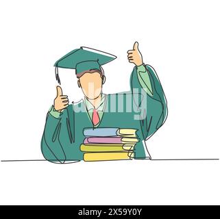 Un disegno di linea di giovane studente universitario maschile felice laureato che indossa l'uniforme di laurea e che dà i pollici in su gesto di fronte alla pila di libri. Educati Illustrazione Vettoriale
