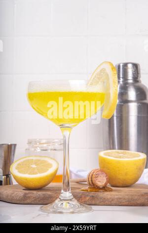 Cocktail dolce e aspro con alcol alcolico alle ginocchia. Le api fatte in casa con miele agli agrumi si inginocchiano con ingredienti, su sfondo bianco con luce dura e ba Foto Stock