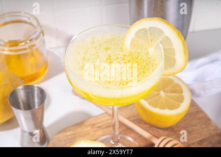 Cocktail dolce e aspro con alcol alcolico alle ginocchia. Le api fatte in casa con miele agli agrumi si inginocchiano con ingredienti, su sfondo bianco con luce dura e ba Foto Stock