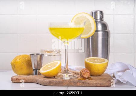 Cocktail dolce e aspro con alcol alcolico alle ginocchia. Le api fatte in casa con miele agli agrumi si inginocchiano con ingredienti, su sfondo bianco con luce dura e ba Foto Stock