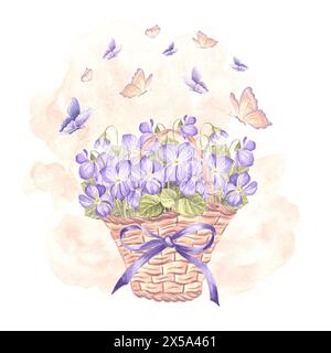 Violette e farfalle selvatiche in cesto di vimini con fiocco e fiocchi. Illustrazione dell'acquerello della molla. Bouquet di pansy disegnato a mano isolato. Disegno vintage Foto Stock