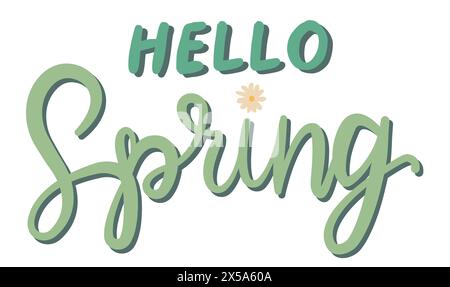 Scritta vettoriale Hello Spring su sfondo bianco. Elemento grafico scritto a mano per scheda, poster. Calligrafia moderna per un design primaverile. Design floreale e Illustrazione Vettoriale