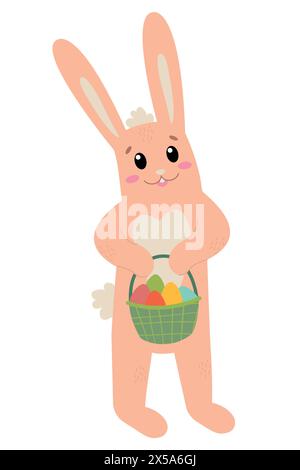 Coniglio pasquale personaggio dei cartoni animati che tiene in mano un cestino pieno di uova di Pasqua dipinte isolate su sfondo bianco. Design pasquale alla moda. Illus vettoriale piatto Illustrazione Vettoriale