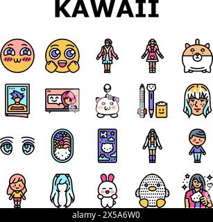 le icone emoticon carine anime di kawaii impostano il vettore Illustrazione Vettoriale