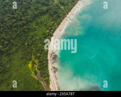Una vista aerea che mostra la lussureggiante vegetazione della foresta pluviale costaricana con le acque blu dell'Oceano Pacifico, evidenziando la splendida natura Foto Stock