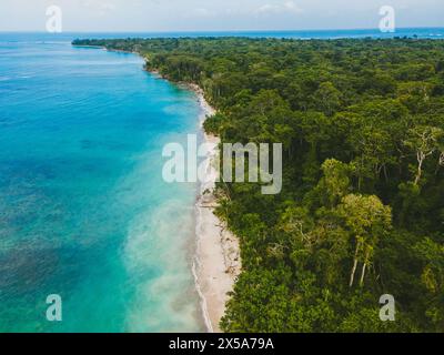 Splendida prospettiva aerea che cattura la lucentezza di una foresta pluviale costaricana incontrando senza soluzione di continuità il tranquillo mare turchese lungo una spiaggia sabbiosa Foto Stock