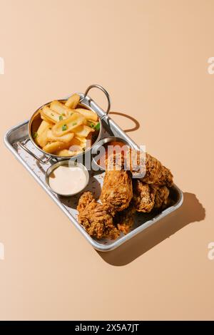 Un vassoio contenente ali di pollo fritte dorate abbinate a patatine fritte condite, con salse cremose e piccanti presentate su sfondo beige Foto Stock