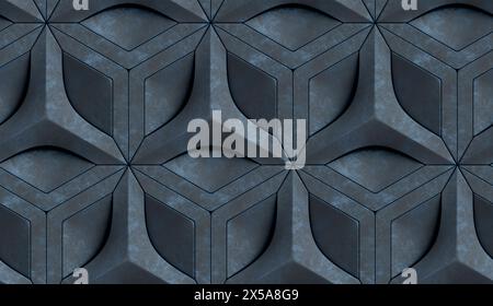 Una fotografia dettagliata che mostra un motivo geometrico di piastrelle senza cuciture il design presenta uno schema di colori scuro e monocromatico con linee intricate e Sha Foto Stock