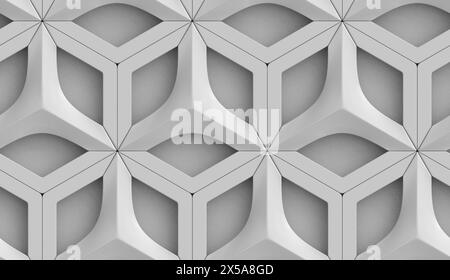 Un'immagine monocromatica caratterizzata da un motivo 3D geometrico e uniforme in varie sfumature di grigio, perfetta per sfondi o disegni astratti Foto Stock