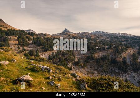 Tranquillo paesaggio autunnale dei Pirenei con l'iconica vetta del PIC de Anie (Aunamendi) che si innalza sullo sfondo in mezzo ai vibranti colori autunnali in R. Foto Stock