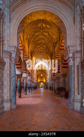 Gli interni vibranti della Moschea-Cattedrale di Cordova, che mostra i suoi archi iconici e intricati dettagli architettonici Foto Stock
