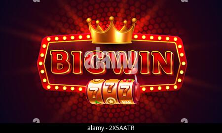 Etichetta BigWin, slot machine, Vegas notturna. Vettore Illustrazione Vettoriale