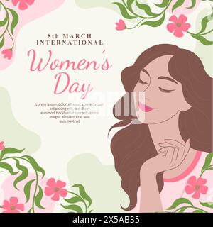 Modello di post sui social media per la giornata internazionale delle donne, con capelli lunghi e simpatiche illustrazioni a colori Illustrazione Vettoriale