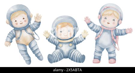Illustrazione dell'acquerello del cosmonauta. Astronauta disegnata a mano in uno spazio su sfondo isolato. Disegno di Spaceman ragazza e ragazzo per biglietti d'auguri Baby Shower o inviti di compleanno colori pastello. Foto Stock