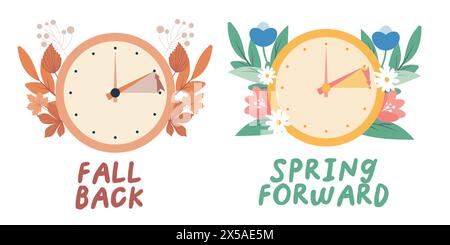 Concetto primavera avanti e autunno in stile piatto, cambia l'orologio avanti e indietro di un'ora, banner di promemoria vettoriale Web con ora legale. Minimale Illustrazione Vettoriale