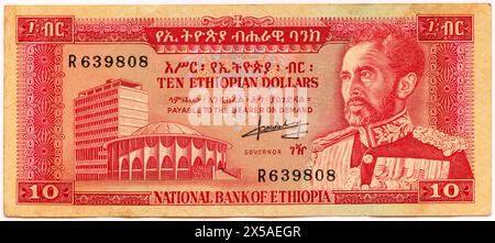 Etiopia anni '1970, banconota da dieci dollari etiopi con ritratto dell'imperatore Haile Selassie, recto, Africa orientale, Foto Stock