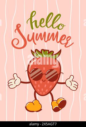 Ciao estate. cartoline, banner in vendita. Fragola fresca in occhiali da sole, un carino personaggio dei cartoni animati retrò. Groovy, vintage. Vecchio stile alla moda. anni '1970 Illustrazione Vettoriale