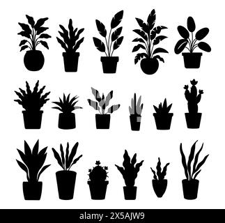 Sagome di diverse piante domestiche in set di pentole. Illustrazione Vettoriale