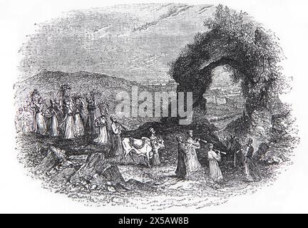 Incisione di legno che porta i primi frutti a Gerusalemme (Ezechiele) Processione di pellegrini valorosi che marciano fino a Gerusalemme guidata da toro e flauto suonatori W. Foto Stock